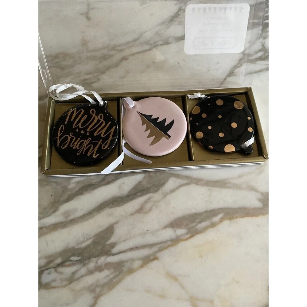 Ceramic Christmas Ornaments‎ Set of 3 Black Pink Gold Merry and Bright